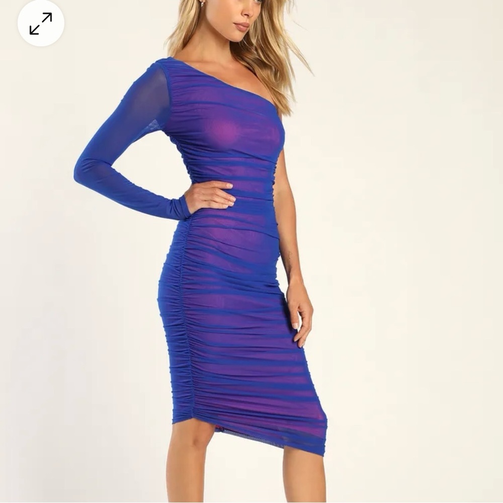 V.I.P. Babe Blue Mesh Ruched One-Shoulder Bodycon Midi Dress